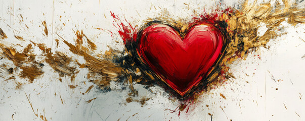A bold love symbol background with a striking red heart surrounded by dynamic, abstract splashes of gold and white, creating a passionate and vibrant effect.