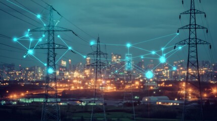 Power lines with blue glowing nodes in the sky over cityscape at night.