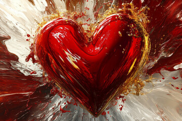 A bold love symbol design featuring a large, radiant heart in red with dynamic splashes of gold and white, set against a high-gloss, reflective backdrop.