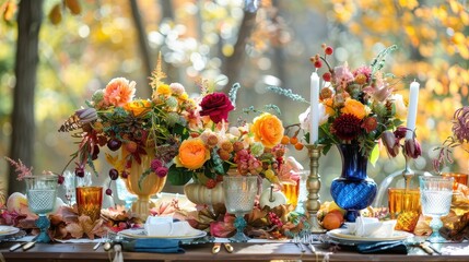 A festive autumn table setting with vibrant flowers, candles, and fall foliage.