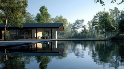 Fototapeta premium Mindful presence at a tranquil lakeside retreat, with a calm water surface reflecting the surrounding nature.