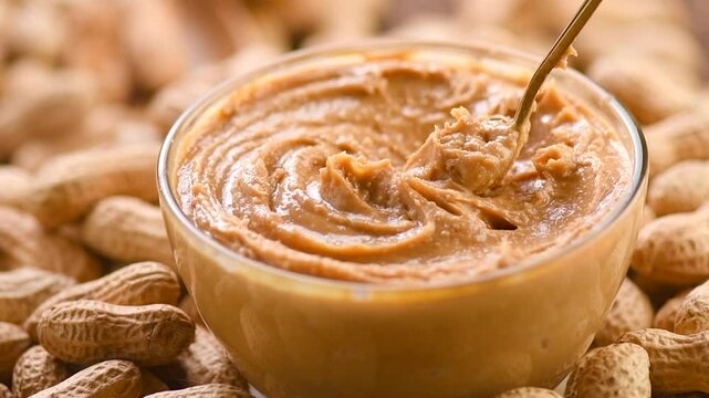 Peanut butter in a glass jar. Creamy smooth peanut butter. Mixing with a spoon, making sandwich, organic food. American cuisine. Slow motion