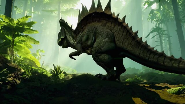 A Styracosaurus tearing through undergrowth in a tropical rainforest, captured in a static shot with side light accentuating its intricate skin patterns and frill
