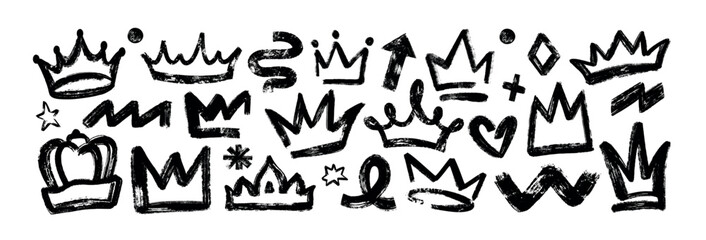 Set of grunge bold king crowns in brush stroke texture. Black rough prince diadem. Hand drawn doodle graffiti princess majestic tiara, queen royal head accessories, stars, arrow, dots and wavy lines © redgreystock