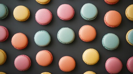 Neatly arranged macarons in pastel tones, displayed in a flat lay on a dark background, creating a visually pleasing composition.
