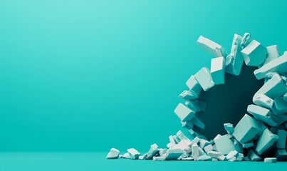 Abstract representation of breaking through barriers, featuring scattered blocks against a vibrant turquoise background.