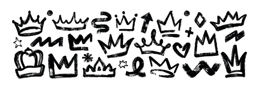 Set of grunge bold king crowns in brush stroke texture. Black rough prince diadem. Hand drawn doodle graffiti princess majestic tiara, queen royal head accessories, stars, arrow, dots and wavy lines