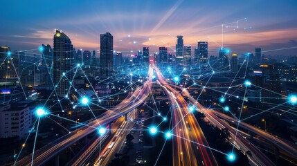 Fototapeta premium A futuristic cityscape illuminated by glowing lines representing connections and data flow.