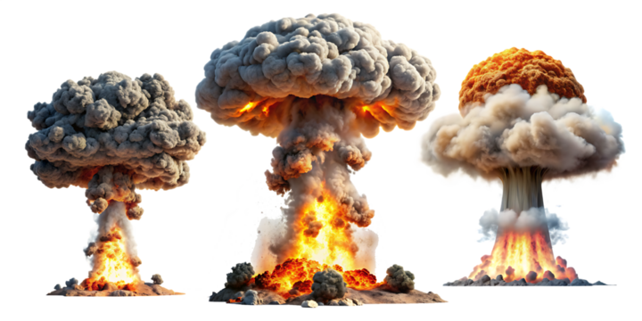 Set of nuclear explosions and mushroom cloud isolated on white background,PNG AI GENERATED	