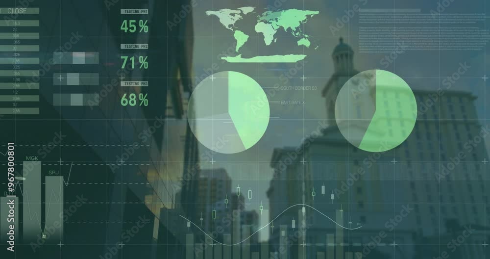 Poster animation of data processing and diagrams over cityscape
