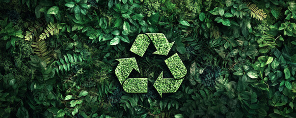 Naklejka premium A conceptual background featuring a recycling symbol in lush, green foliage, with a natural, textured surface that emphasizes environmental friendliness.