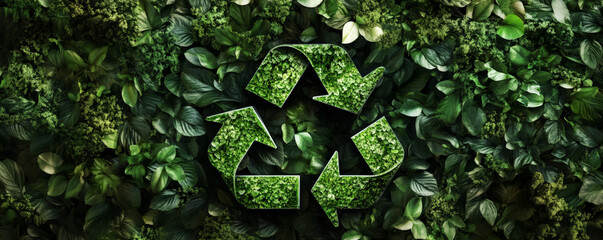 A conceptual background featuring a recycling symbol in lush, green foliage, with a natural, textured surface that emphasizes environmental friendliness.