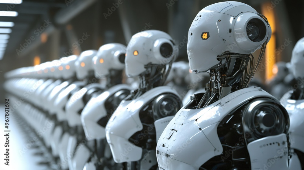 Poster row of humanoid robots with glowing eyes in a futuristic setting.