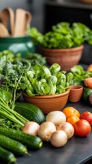 Fresh vegetables arranged on a countertop, showcasing health and natural ingredients for a wholesome meal.