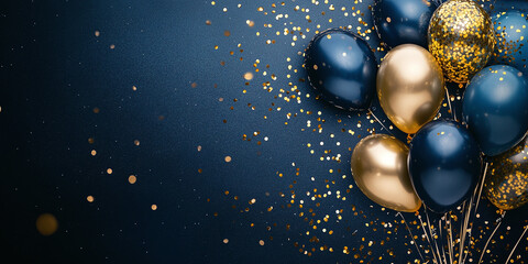 Vibrant navy blue and gold themed celebration with colorful balloons and glittering confetti, ideal for festive banners, posters, and background