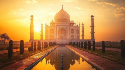 Obraz premium The Taj Mahal at sunset, bathed in golden light