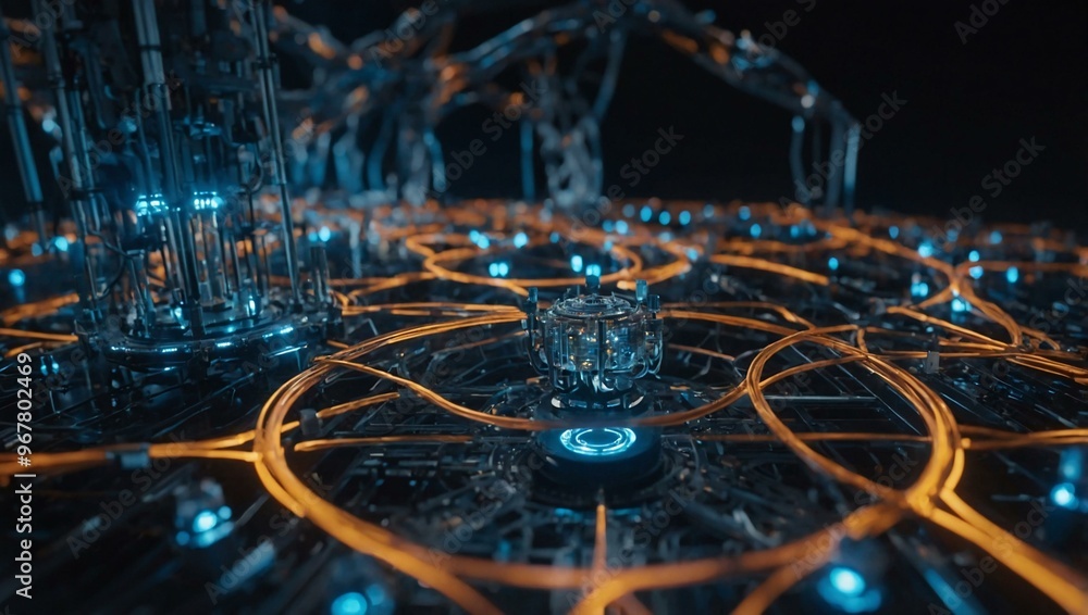 Poster a futuristic network of atomic designs highlights advanced robotics and tech.