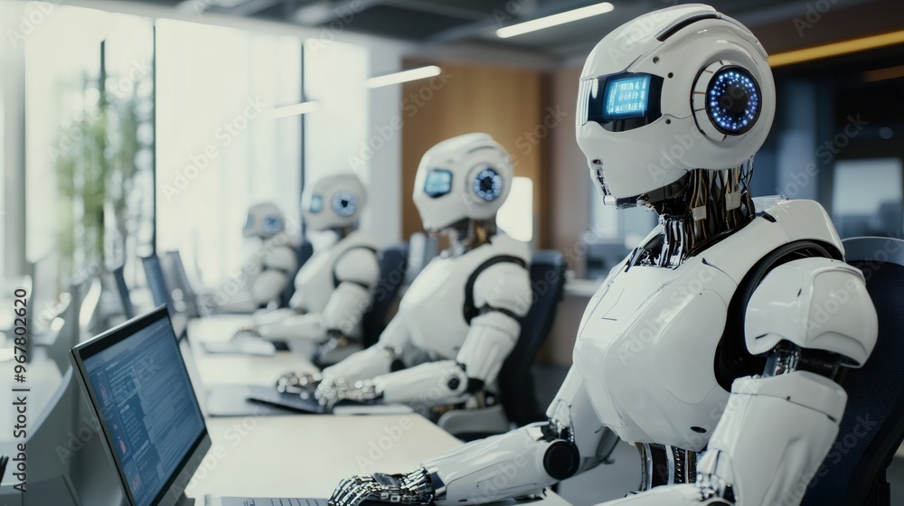 Poster row of humanoid robots working in a modern office setting, typing on laptops, one robot in focus.