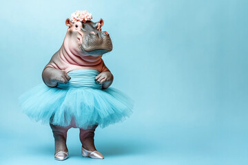 a hippo wearing a tutu and ballet slippers, standing on its hind legs against a light blue background, appearing ready for a ballet performance