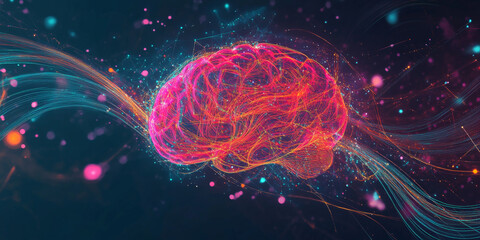 Fototapeta premium A conceptual design with a glowing brain connected to digital circuits, surrounded by swirling neon lines and particles, representing the spark of creativity.