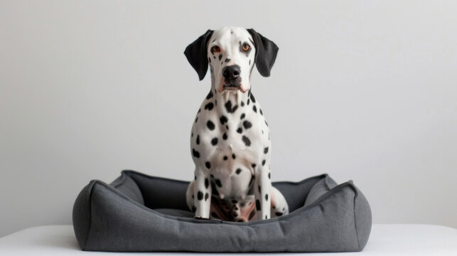 A cozy and stylish dog bed is featured, with a Dalmatian sitting gracefully in the center, highlighting the bed's comfort and elegance for pets