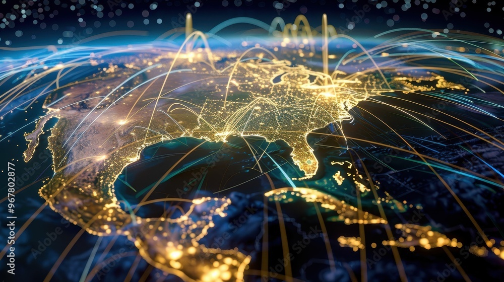 Poster a futuristic view of earth's interconnected network, with glowing lines representing global communic