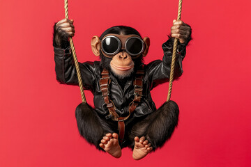 a monkey wearing aviator goggles and a leather jacket, swinging against a bright red background, looking like a daring adventurer