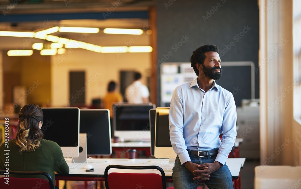 Poster thinking, office and business black man with idea, solution and insight for company. creative startu