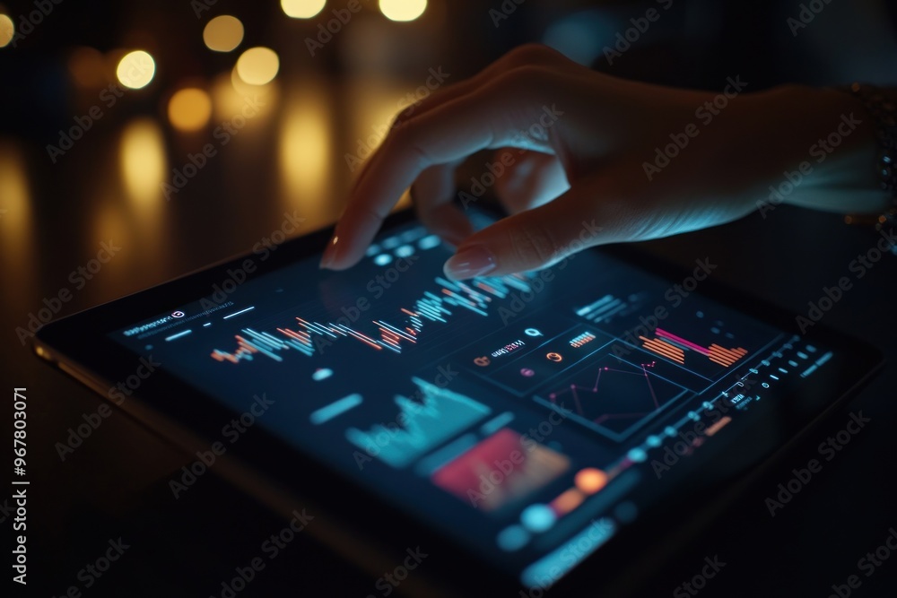 Poster close-up of hand interacting with tablet displaying financial data
