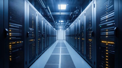 Fototapeta premium The interior of a data center, featuring efficient cooling systems and precise cable management, highlighted in a clean, orderly environment.