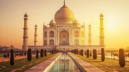 The Taj Mahal at sunset, bathed in golden light