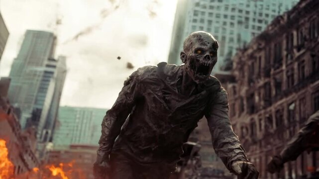 Terrifying zombies running through a city engulfed in explosions and destruction, evoking fear and chaos in a post-apocalyptic scene.