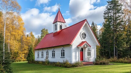 Fototapeta premium Traditional Finnish wooden church with a red roof and white walls