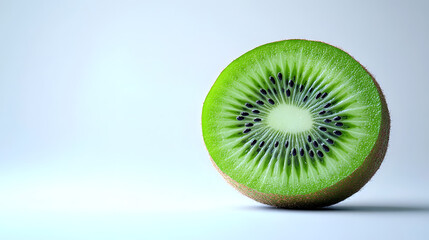Close-Up of a Halved Kiwi Fruit with Bright Green Flesh and Black Seeds on a Solid White Background Highlighting Its Vibrant Color