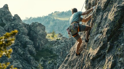 A climber scaling a rugged rock face with harness and ropes, surrounded by mountainous terrain.