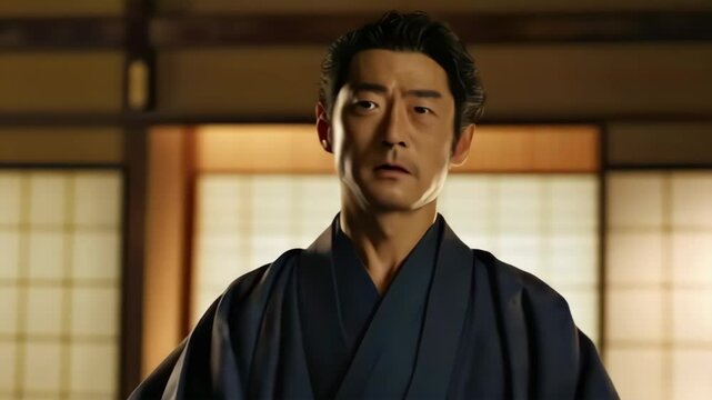 和服の日本人男性が頭を下げて挨拶する