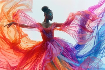 Obraz premium Dancers twirl gracefully through a vibrant void, embracing colorful fabric at sunset