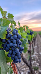 Fototapeta premium grappe de raisin mûre sur un cèpe de vigne le soir au couché du soleil