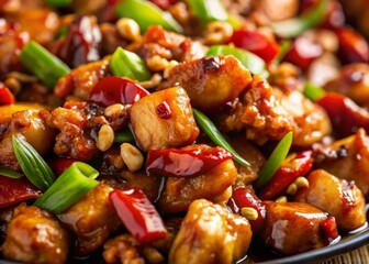Extreme close-up of a single piece of Kung Pao Chicken, with the crispy exterior and juicy interior highlighted, and a shallow depth of field to blur the surrounding sauce and garnishes.