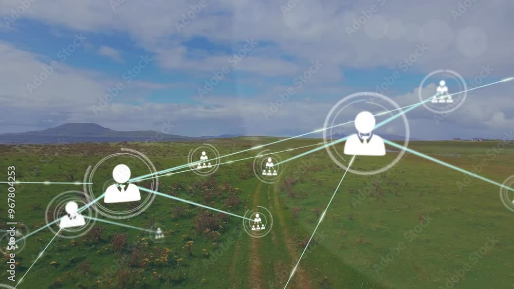 Poster animation of network of connections with icons over landscape
