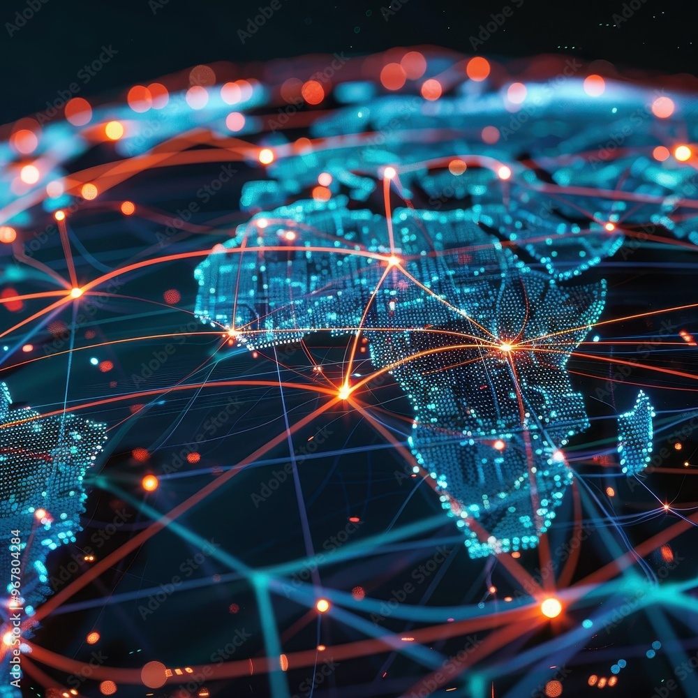 Poster a glowing digital world map with connecting lines, representing global network and communication.