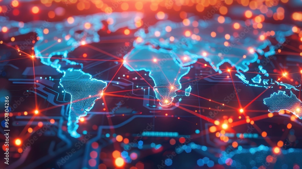 Poster a glowing digital world map with connected lines, representing global communication and network.