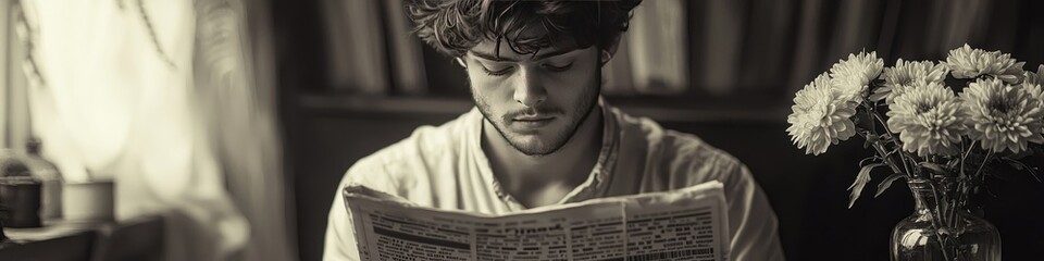 Young man reading newspaper with chrysanthemums in glass jar beside him in vintagestyle portrait