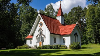 Fototapeta premium Traditional Finnish wooden church with a red roof and white walls