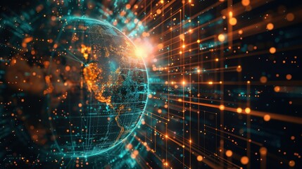 Fototapeta premium A glowing globe surrounded by abstract lines and points of light, symbolizing global connectivity and digital technology.