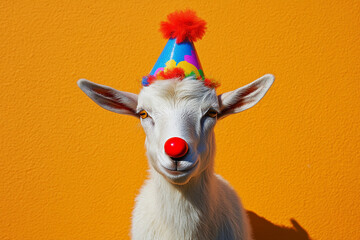 a goat wearing a bright red clown nose and a multicolored party hat, standing against a sunny orange background, appearing ready for a celebration