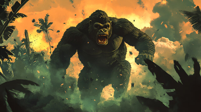 king kong rampage style a king kong gorilla goes on a rampage in the city king kong rampage in jungle, Generative AI 