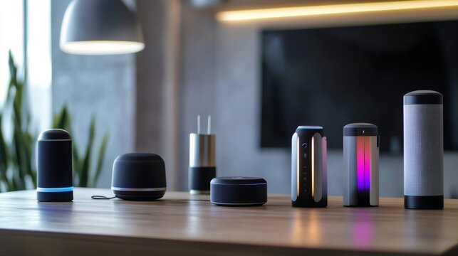 Modern smart speakers on a wooden table in a living room.