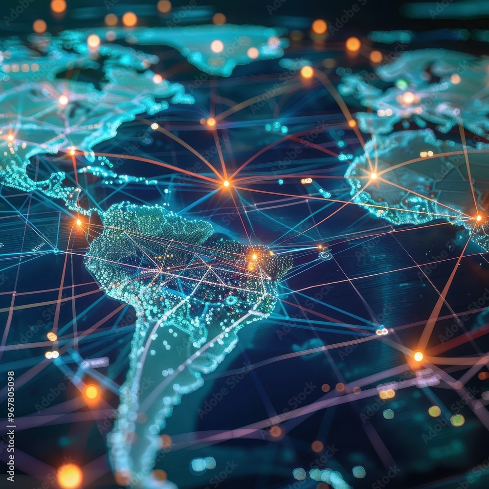 Poster a glowing world map with interconnected lines representing global communication and networking.