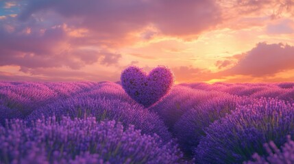 Obraz premium Two hearts connected in a field of lavender, symbolizing love and unity under a clear sky.